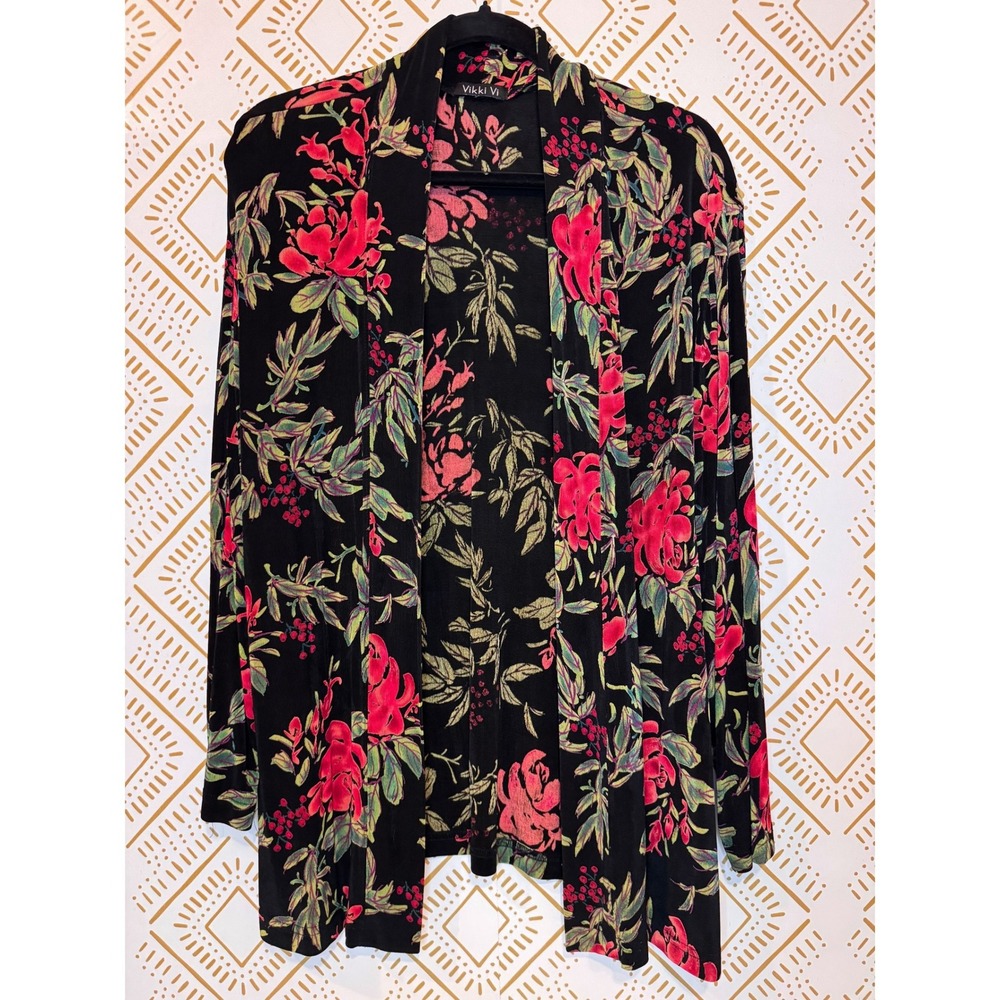 Vikki Vi Black Floral Print Cardigan‎ Size Stretch Lightweight Flowy Layer Artsy